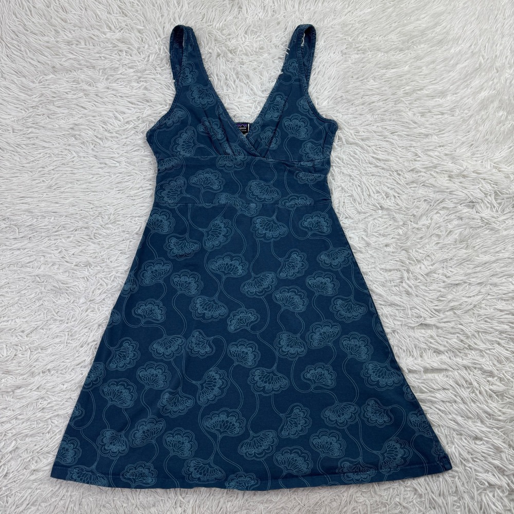 Patagonia Dress Womens Small Blue Floral Margot Organic Cotton A-Line Deep V S